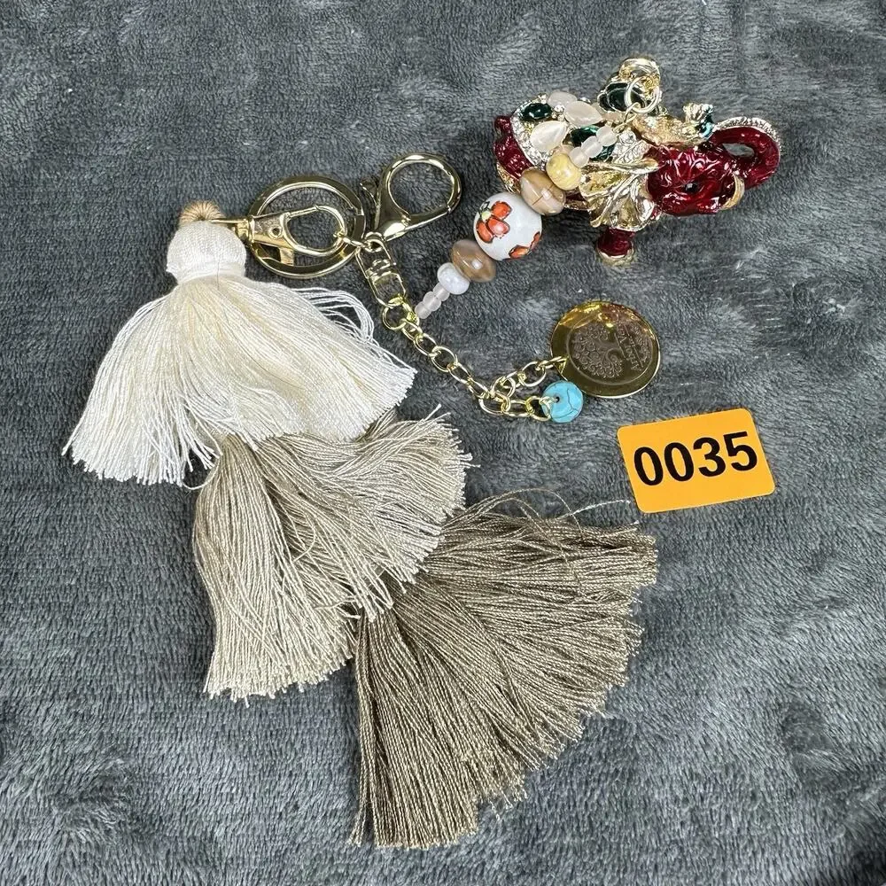 Bag charm Keychain Red Elephant Metal enamel bohemian Tassel BC0035